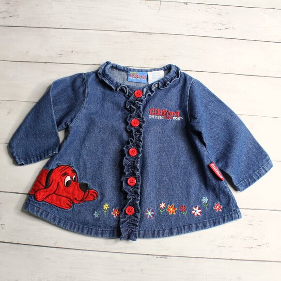 Clifford Vintage Denim Jean Jacket Top Baby Girl's Size 12 Months Big Red Dog - Picture 2 of 6